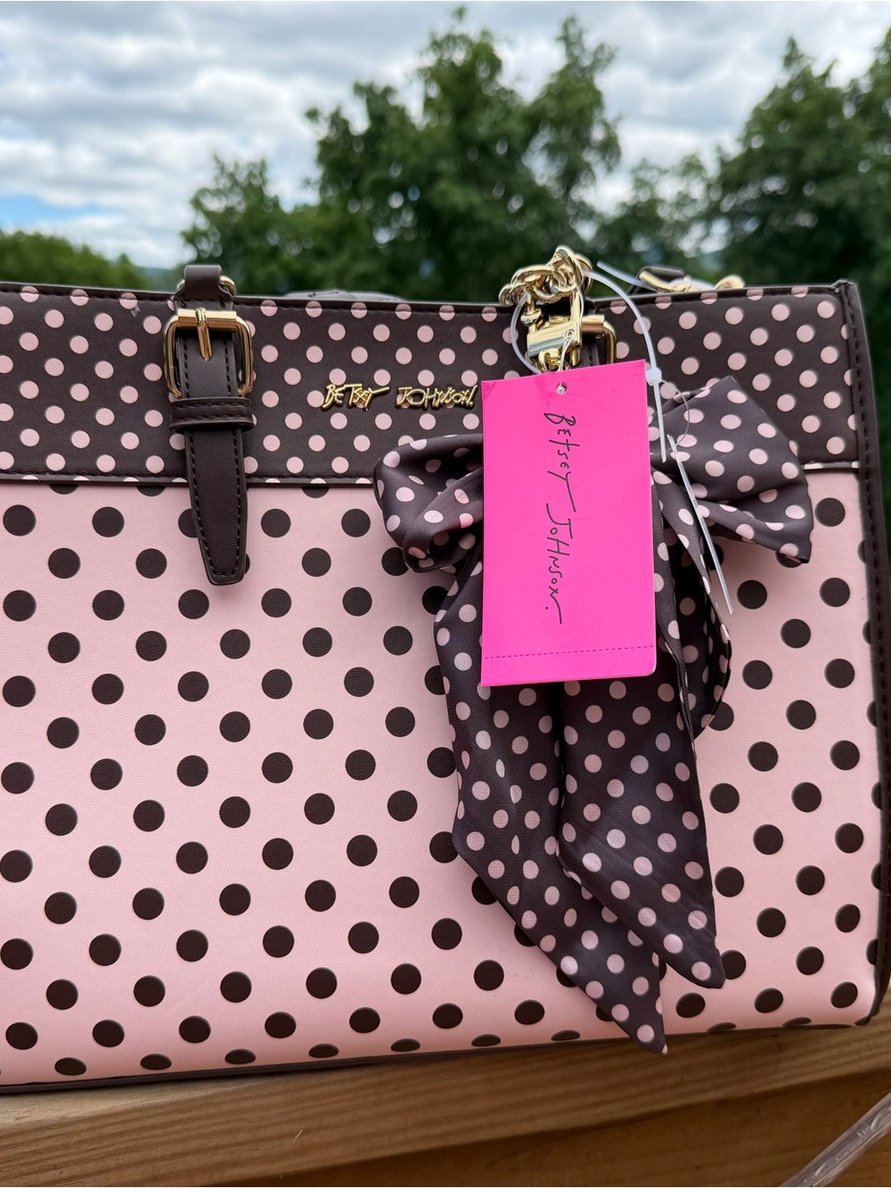 Betsey Johnson Pink and Brown Polka Dot Satchel with Bow Accent